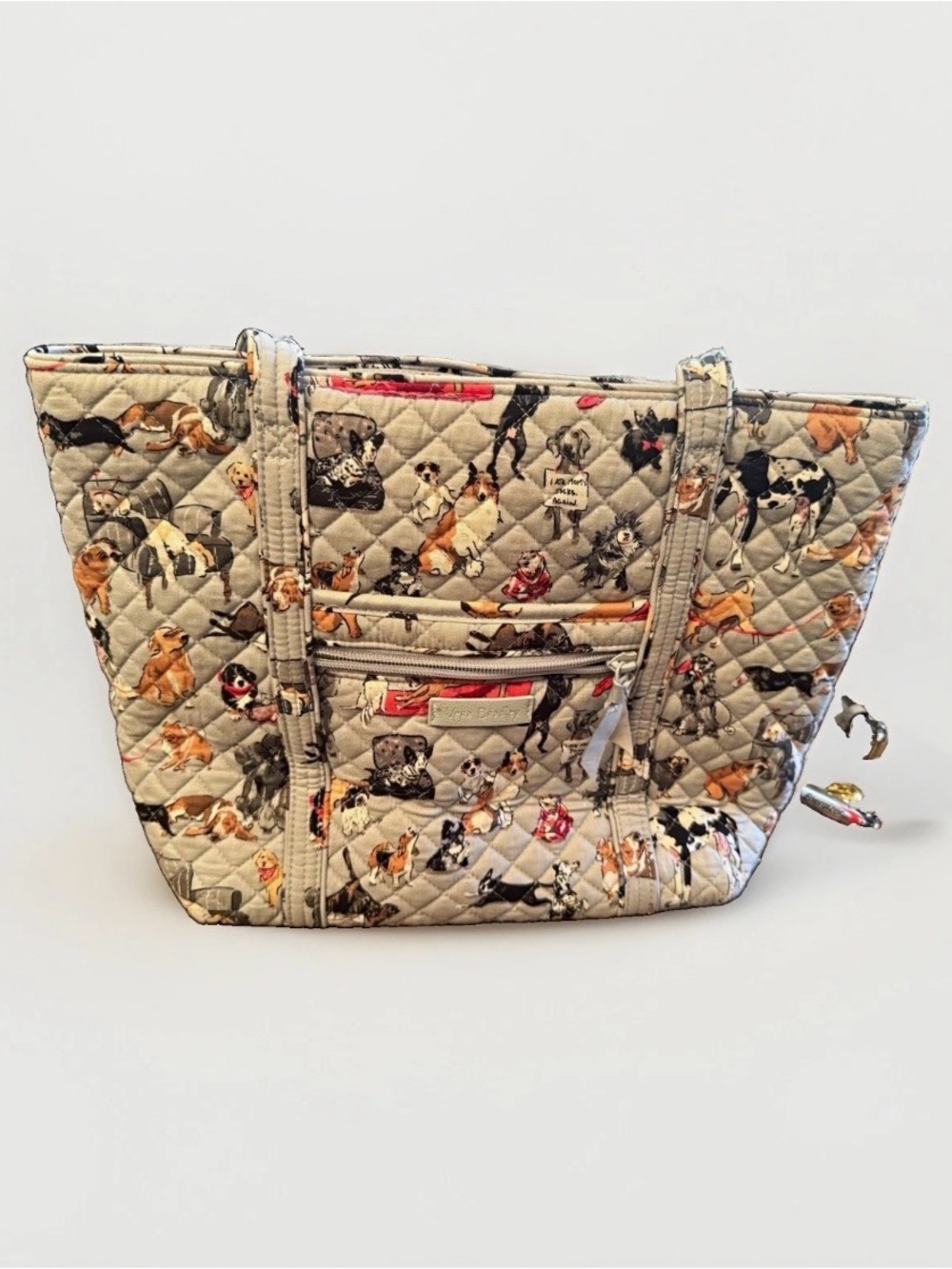 Vera Bradley Quilted Dog-Print Tote in Light Gray with Multi-Color Accents